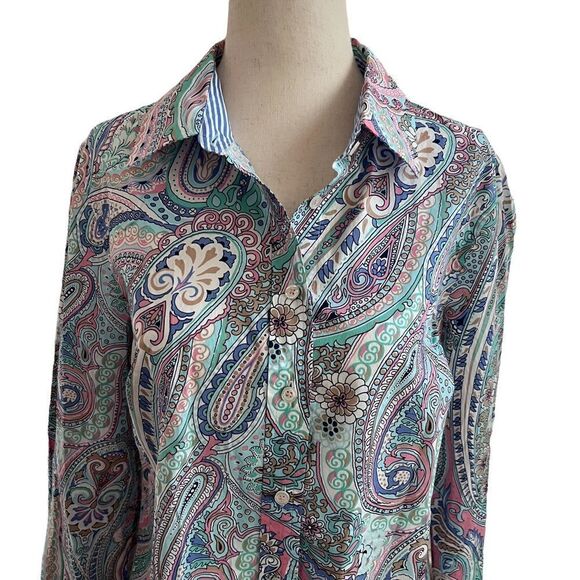 Talbots New w/ Tags Pastel Paisley Long Sleeve Button Front Blouse Cotton Small - Picture 2 of 7